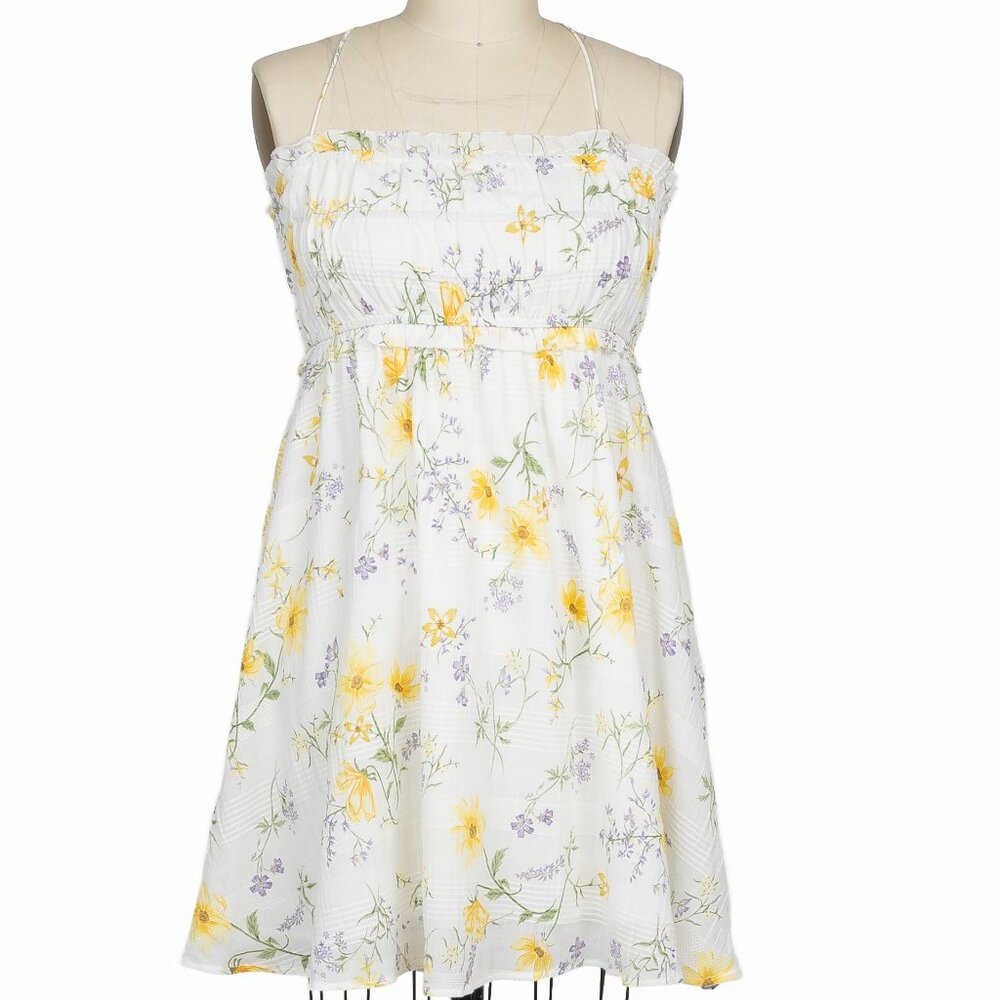 KIVARI Adaline strappy mini cotton sundress yellow & purple floral